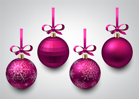Vector illustration of shiny magenta christmas balls with gift bows. Winter decoration.のイラスト素材