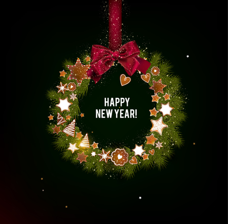 Christmas background with Christmas firtree wreath with red bow and gingerbreads. Xmas Decoration Elements for design.のイラスト素材