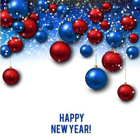 Christmas background with Red and blue christmas balls and snow for xmas design. Vector illustration.のイラスト素材