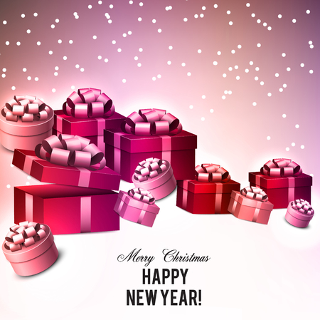 Christmas background with gifts. Xmas boxes with bows and place for text.  Vector Illustration.のイラスト素材