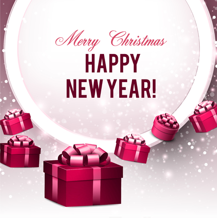 Christmas background with gifts. Xmas boxes with bows and place for text.  Vector Illustration.のイラスト素材