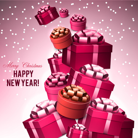 Christmas background with gifts. Xmas boxes with bows and place for text.  Vector Illustration.のイラスト素材