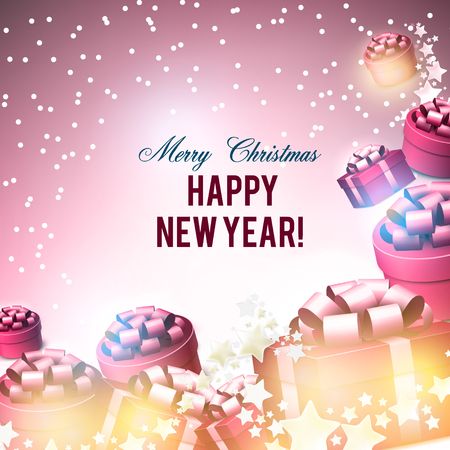 Christmas background with gifts. Xmas boxes with bows and place for text.  Vector Illustration.のイラスト素材