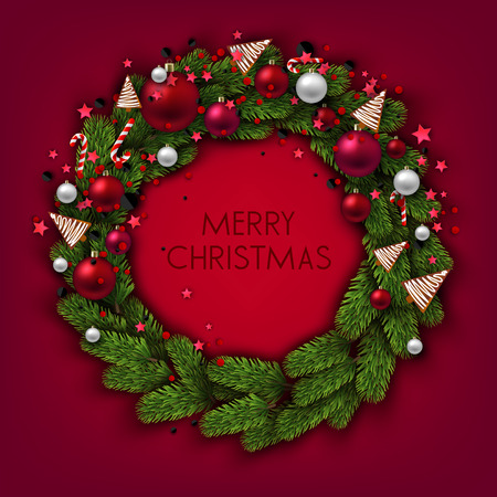 Christmas background with balls and fir twig. Colorful Xmas baubles. Vectorのイラスト素材