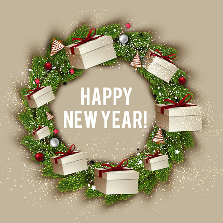 Christmas background with balls, gift boxes and fir twig. Colorful Xmas baubles. Vectorのイラスト素材