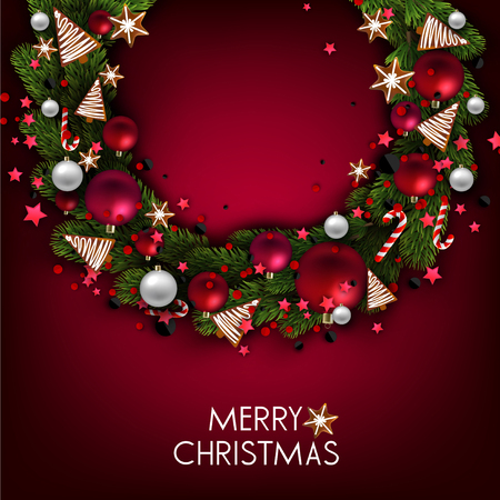 Christmas background with balls and fir twig. Colorful Xmas baubles. Vectorのイラスト素材