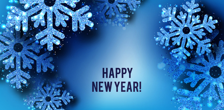 Merry Christmas  greeting vector illustration with blue glitters, sparkles and snowflakesのイラスト素材