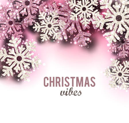Merry Christmas  greeting vector illustration with pink glitters, sparkles and snowflakesのイラスト素材