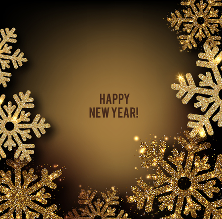 Merry Christmas  greeting vector illustration with golden  glitters, sparkles and snowflakesのイラスト素材