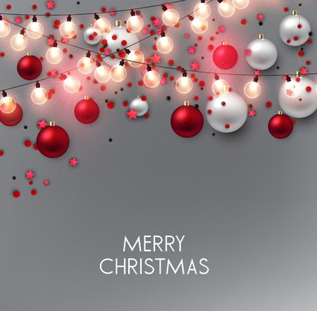 Merry Christmas  greeting vector illustration with golden bulbs and textのイラスト素材