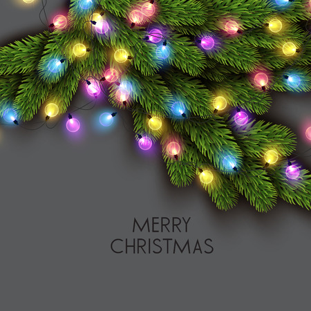 Merry Christmas  greeting vector illustration with colorful  bulbs and textのイラスト素材