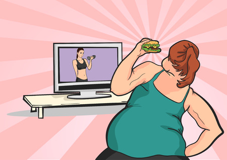 fat young girl wants to lose weight in front of TV with a mealのイラスト素材