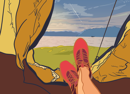 flat web banner on the theme of Climbing, Trekking, Hiking, Walking. Sports, Camping, outdoor recreation, adventures in nature, vacation. Camping tentのイラスト素材