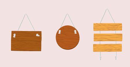 Wooden plaque hanging on a rope attached to the wall.のイラスト素材