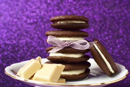 Classic chocolate whoopie pies and white chocolateの写真素材