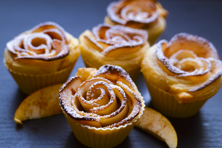 apple roses cake, baked apple pie roses with sugar powderの写真素材
