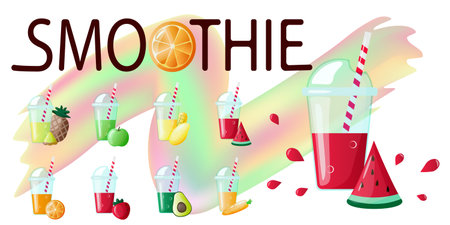 Colorful Smoothie icon set with fruits and berries. Detox diet Vector illustration. Carrot, avocado, strawberry, mango, watermelon, pineapple, orange shake juice.のイラスト素材