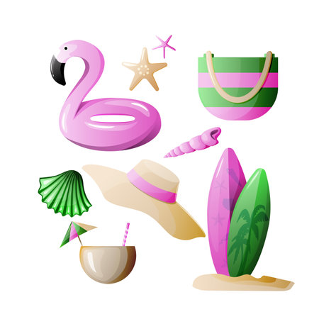 Summertime icons set with flamingo, hat, beach bag, flip flops, starfish, seashells, surfboard and coconut cocktail. Summertime vector illustration.のイラスト素材