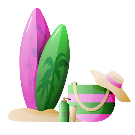 Beach stuff for summer travel set. Vacation accessories for sea holidays.  Hat, bag,surfboards, sunscreen. Vector illustrationのイラスト素材