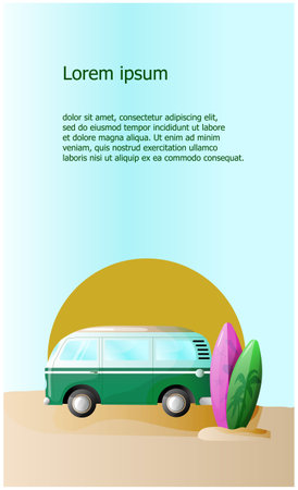summer background with retro van and surfboard. vector illustration.のイラスト素材
