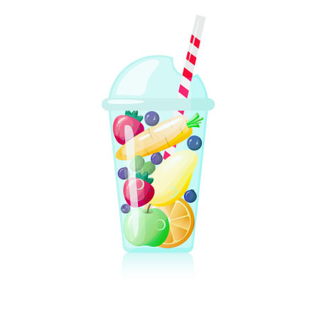 Fruit and vegetable smoothie in plastic cup with straw. vector illustration.のイラスト素材