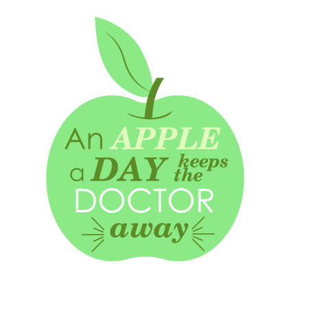 Green apple with phrase An apple a day keeps the doctor away. Products for healthy and dietary menu. Vector illustrationのイラスト素材