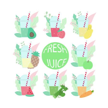 Fruit and vegetable smoothies set. Fresh juice in plastic cups for menu, cover, special offer and another ideas of design. Vector illustration in flat style.のイラスト素材