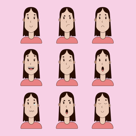 Set of woman facial expressions. Vector illustration in flat cartoon style. A girl with different expressions on her face. Girl laughing, angry, smiling, funny, sad, surprised.のイラスト素材