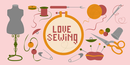 Sewing and needlecraft elements. Hand drawn vector illustrations of sewing machine, embroidery frame, measuring tape, pins, scissors, thread, needles, pin cushion, buttonのイラスト素材