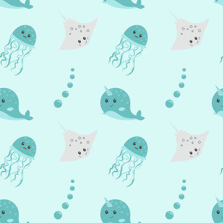 Seamless pattern with cute cartoon sea animals. Pattern with sea elements for baby clothes, pajamas,...