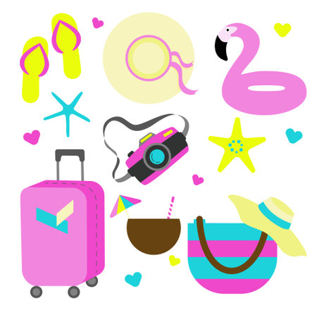 Vector illustration of a set of travel items on the theme of summerのイラスト素材