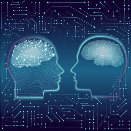 vector illustration of artificial intelligence, brain and neural networks. Two heads of artificial...