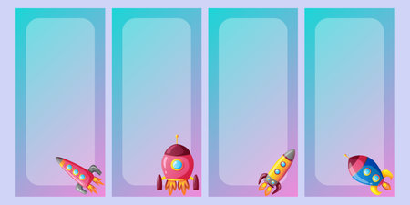 Vertical banners set with shuttles. Rocket launch marketing illustration. Vector typography design templates with cartoon spaceships. Templates for socialmedia, stories, card, cover.のイラスト素材