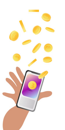 Crypto currency technology concept. Hand holds mobile phone with cryptocurrency bitcoin for trading, buying, selling, mining bitcoins and transfer to personal wallet. Isolated vector illustrationのイラスト素材