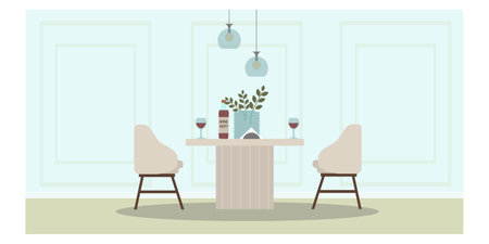 table for date with wine and two glasses. Two cozy armchairs, table and wine glasses. flat style. Home interior concept. Vector illustrationのイラスト素材