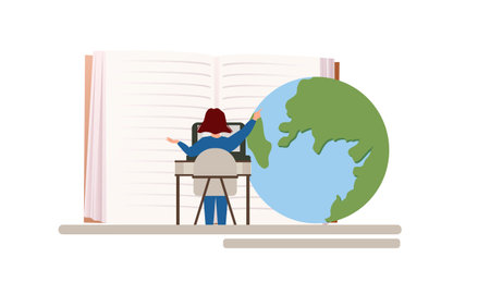 Online education concept. Woman with book points to globe. Geography lesson. Training and learning, knowledge and information. Vector illustration of graduate & e-learning concept with "global education" school and university icon.のイラスト素材
