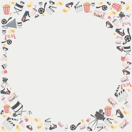 Vector illustration of round frame with movie cinema attributes equipment and copy-space in the middle. World cinema day cinemas design card poster concept.のイラスト素材