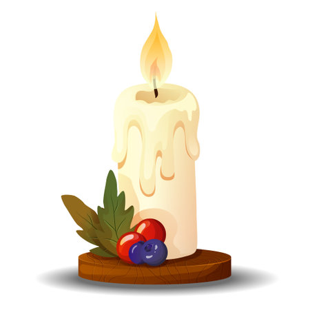 Candle and red berries decoration. Candle with holly red berries and leaves for Christmas holiday, Xmas, winter decoration, traditional ornament. Colorful vector illustration isolated on white background for banner, poster, flyer, greeting card.のイラスト素材