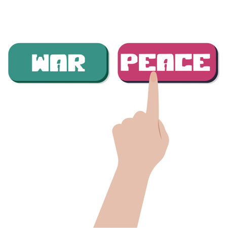 hand press the button peace, no war. Peace concept, stop war. Israel, palestine, gaza conflict. Vector illustration isolated on white backgroundのイラスト素材