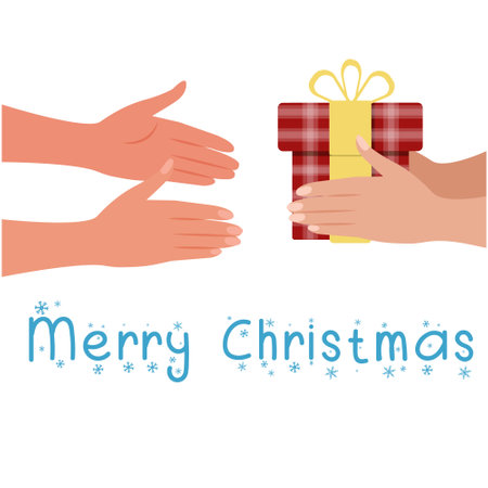 Hands holding gift box and giving it to other person. Flat vector illustration isolated on white background for card, banner, sales or discount holiday offer. Gift passed from hands to hands.のイラスト素材
