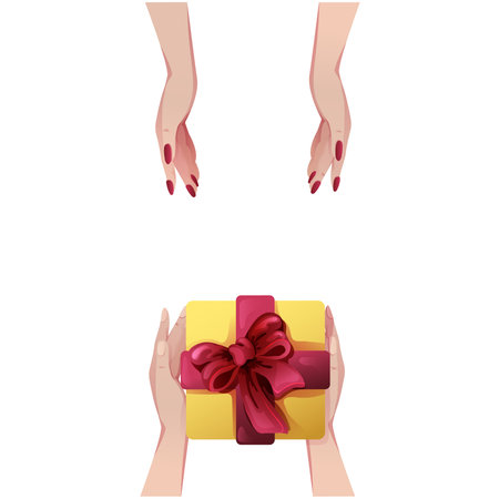 Hands holding gift box and giving it to other person. Flat vector illustration isolated on white background. Gift passed from hands to hands. Cartoon styleのイラスト素材