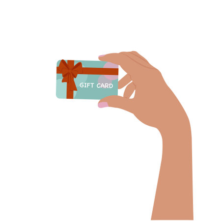 Gift card, certificate, voucher in hand. Human hand hold gift card, voucher or coupon. Shopping discount certificate for customers. Vector illustration for website, banner, landing page.のイラスト素材