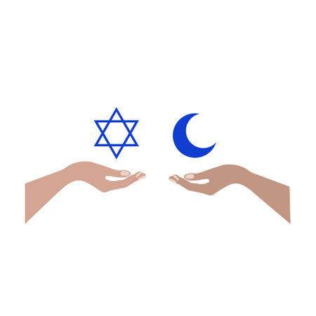 star of David, Moon and star. Palestine and Israel as metaphor of peace and peaceful coexistence. Vector illustration isolated on white background.のイラスト素材