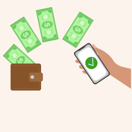 Businessman's hand sends money to other wallet. Money transfer by smart phone, mobile payment concept. Send money from a wallet to an online bank account. Financial operations, transactions, investments, and payment concept. Vector flat illustration.のイラスト素材