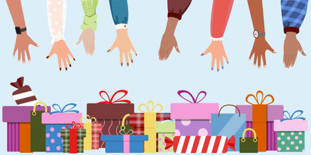 Diverse human hands reaching out for gift boxes. Christmas presents, celebration receive surprise concept. Sale and discount offer for customers. Colorful flat Vector illustration.のイラスト素材