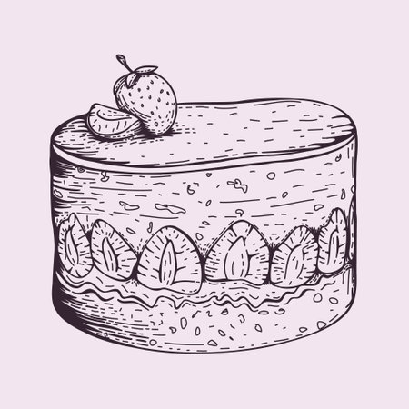 Sketch style slice of cake with strawberry. Engraving ink vector illustration isolated on background. Hand drawn dessert with berries and cream. Image for bakery logo, packaging, display window design, menu cover.のイラスト素材