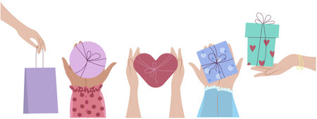Diverse hands holding gift boxes, valentine's presents isolated on white background. vector illustration. International grant exchange concept xmas holiday, arms gives new year souvenirs.のイラスト素材