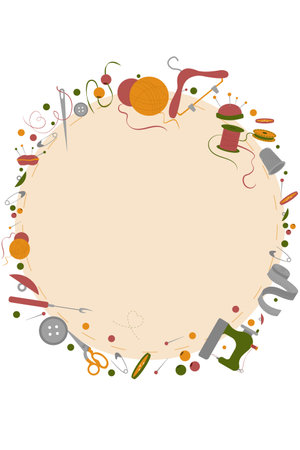Round frame with sewing accessories and embroidery items isolated on a white background. Embroidery threads, buttons, needles with place for your text. Template for banner, sewing course, social media.のイラスト素材