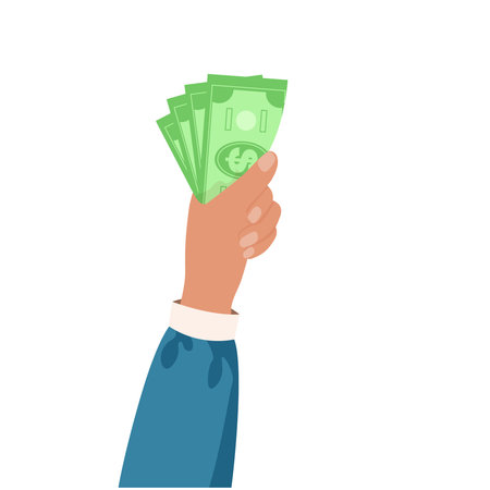 hand clutching money in a fist. hand holding paper banknotes. Concept of financial operation with money bills and banknotes, payment and investment concept. vector illustration isolated on white background.のイラスト素材