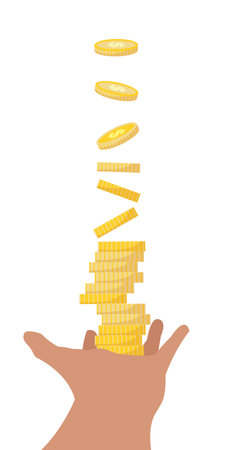 Dollar Coins Money Falling Down in a Human Hand. income, savings, investment concept. Vector Illustration isolated on white background.のイラスト素材